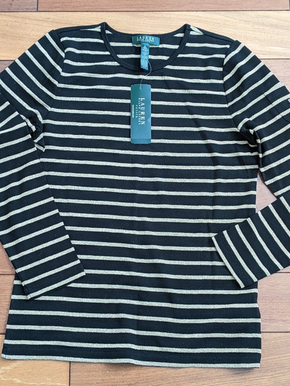 NWT Ralph Lauren Black Gold Striped Pullover Long Sleeve Blouse Size PL Women